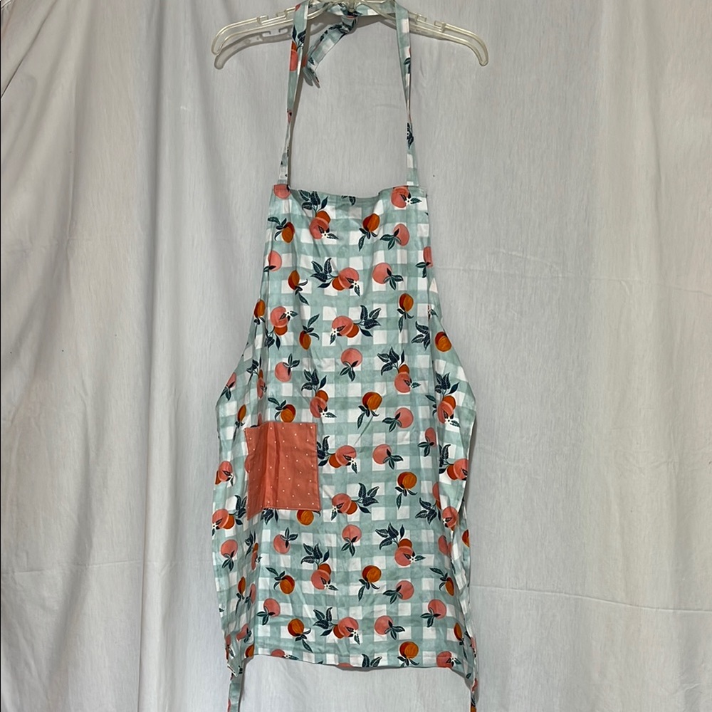 Mint green and white checked Peaches Apron with Pocket
